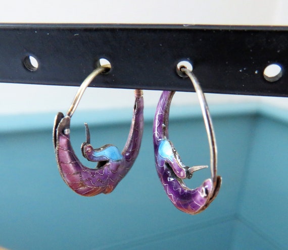 Cloisonne Arched Crane Hoop Earrings - Early Laur… - image 1