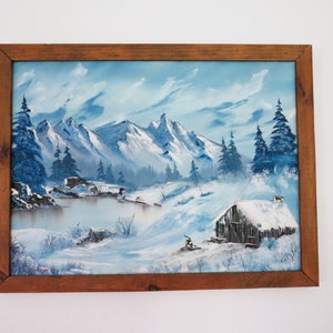 Original Signed Painting, Snowy Mountain Cabin Lake Scene, J. Ingerson, 26 1/2&quot; x 20&quot; in Fredrix Wood Frame