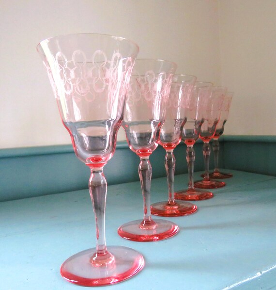 SET 6 FRY (?) Optic Panel Etched Ovals & Circles Deco-style 8 Oz. Goblets/ Wine  Glasses - Etsy