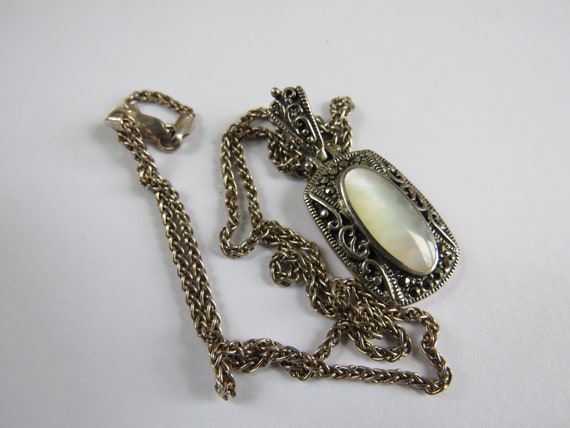 Sterling Marcasite Mother of Pearl oval pendant I… - image 7