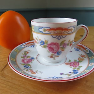 MZ Austria Demitasse Cup & Saucer - Art Deco Style, Floral, Orange Rim, Pink Roses, Teal