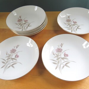 8 ROYAL SOVEREIGN Bowls - Blush Rose Soup Bowls - long stemmed pink roses brown-gray leaves and stems.