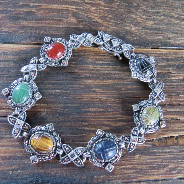 Sterling Marcasite Scarab Bracelet - Hand Carved Semi Precious Stones, Art Deco Glamour