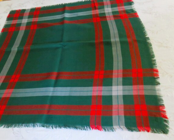 Rayon Fringed Scarf, Green Red White Plaid, Circa… - image 2