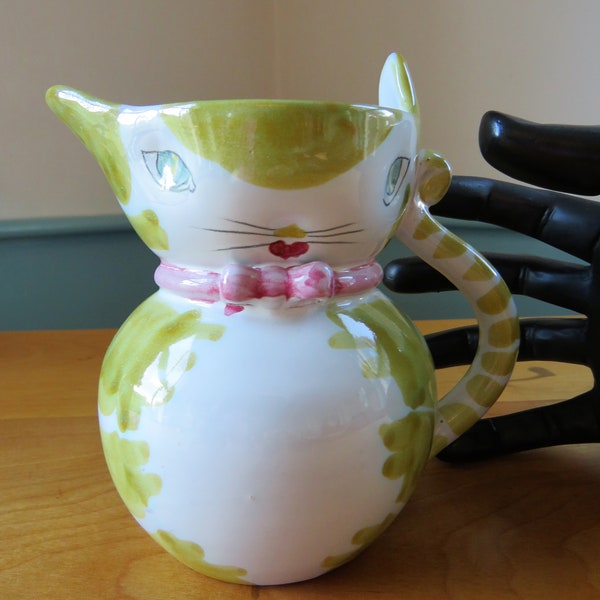 Italian Pottery Cat 12 oz Pitcher, Hand Painted, Very Fun, Golden Tortoise Shell, Pink Bow, Blue Eyes
