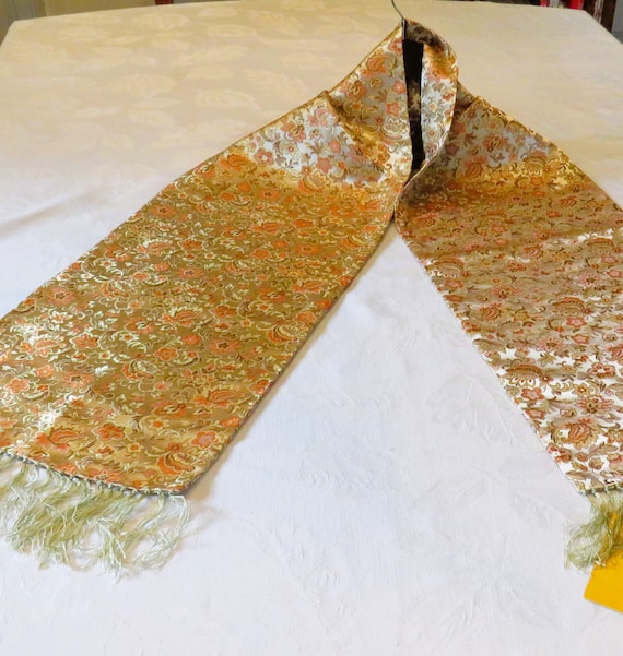 Vintage Yun Brocade Scarf: Floral Satin, Warm Beige & Orange