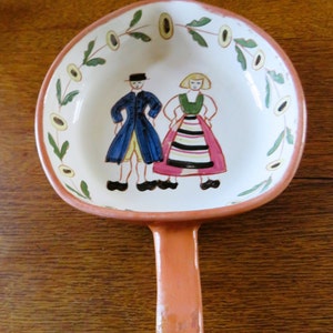 Small Swedish Pottery Handled Serving Dish, Red Clay Pottery, Traditionally Dressed People, Some glaze loss