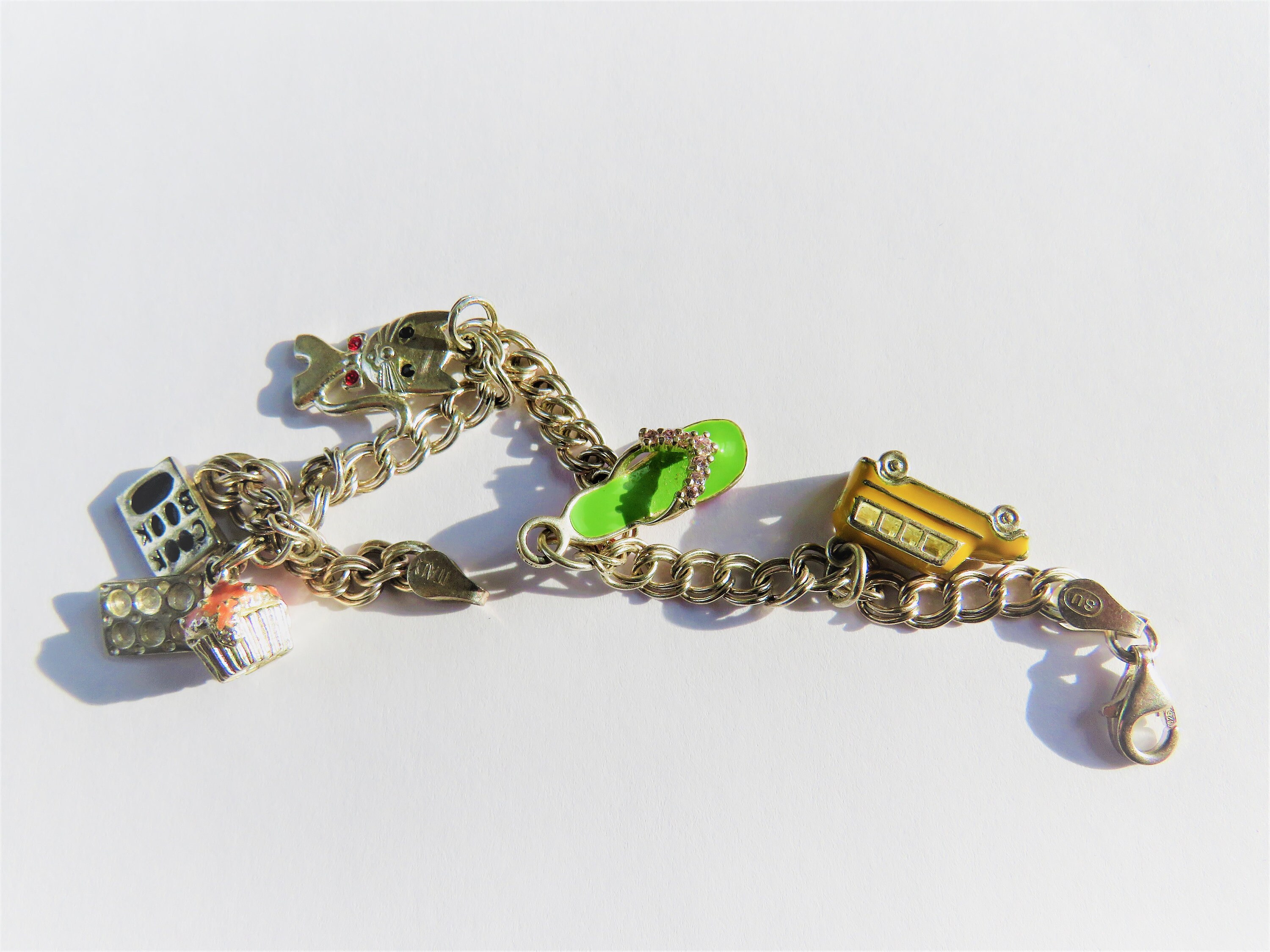 Sterling Charm Bracelet with Charms, Flip Flop, School Bus,  Kitty Cat, Cup Cake & Cook Book, Italy925, 11.2 grams
