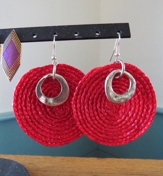 Large Hot Pink Straw Silver Tone Earrings - Summe… - image 1