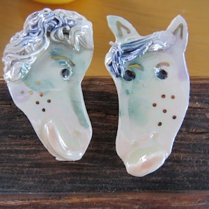 White Porcelain Horse Stud Earrings, Spaghetti Hair, Iridescent Sheen, Each One Unique