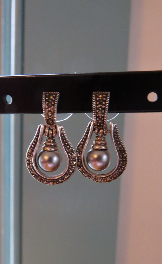 Sterling Marcasite Faux(?) Gray Pearl Stud Dangle… - image 9
