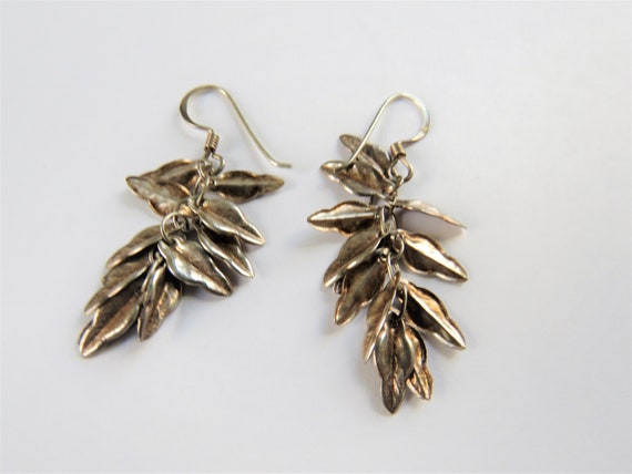Sterling Leaves, Leaf Cluster Dangle Earrings, FU… - image 1