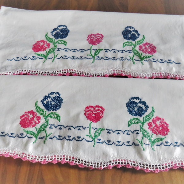 PAIR Hand Embroidered Crocheted Edge Cotton Pillowcases, PANSIES!