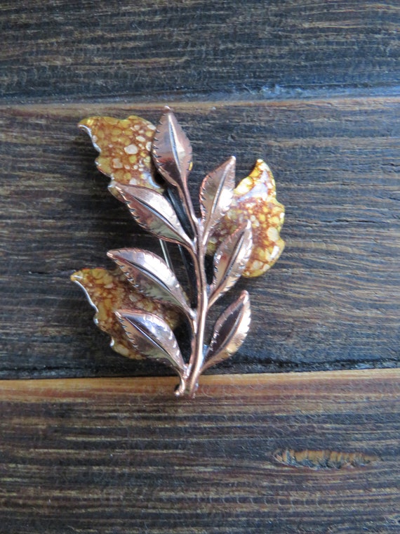 MATISSE RENOIR Copper Enamel Leaves Brooch - Fall… - image 3