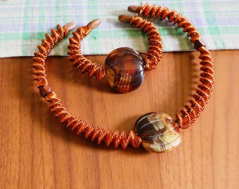 Vintage Copper Wire Wrapped Necklace and Bracelet with Carved Lucite and Wood Beads