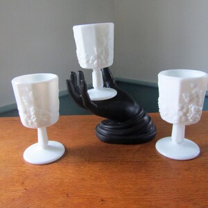 SET of 3 Westmoreland Paneled Grape Milk Glass Water Goblets/ Wine Glasses, 8 oz., one goblet has slightly different dimensions