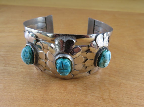 Ceramic Scarab Silver Plated Brass Cuff Bracelet,… - image 1