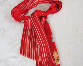 Red butterfly striped silk oblong reversible scarf (two sides sewn together)