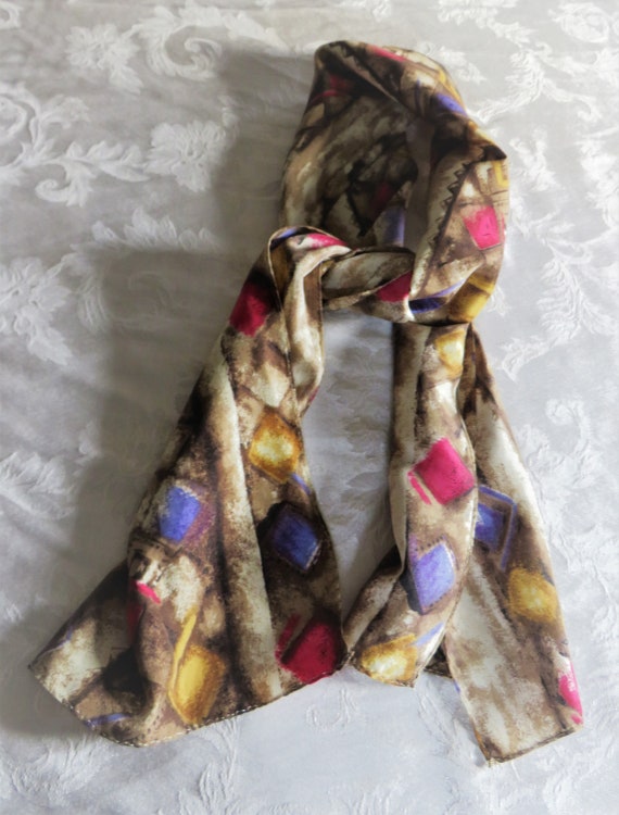 Brown Oblong Silk Pink Purple Yellow Scarf, Made … - image 4