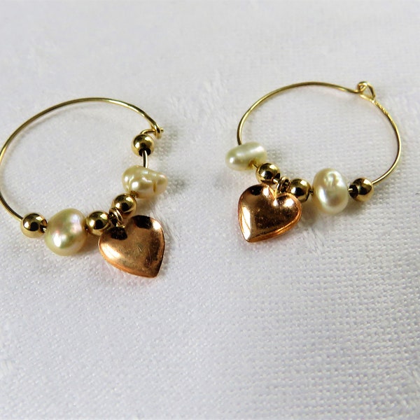 14k Yellow & Rose Gold Heart Hoops Small Pearls JCM Jacmel Jewelers