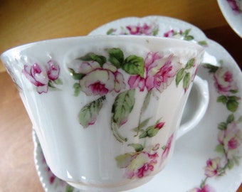 SET of 2 (to 4) Bassett Limoges Austria cups & saucers - pink rose garland pattern - ribbed scalloped embossed raised dots