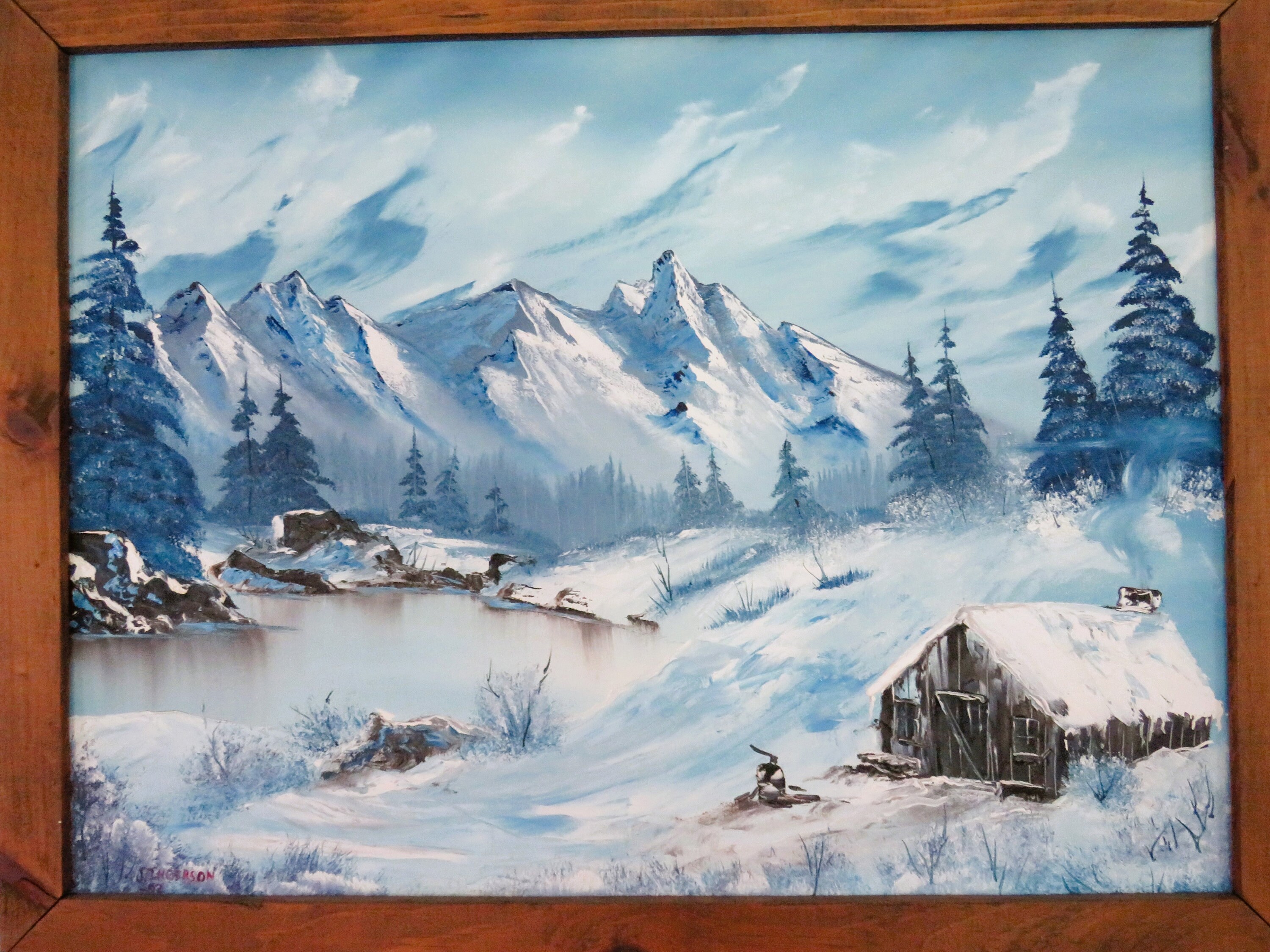 絵画 Winter Mountains Original Signed Painting, Snowy Mountain