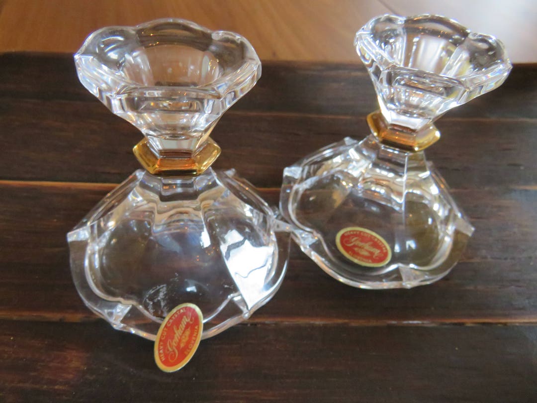 Gorham Crystal Candle Holders With Original Sticker Reversible to