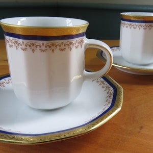 2 Tirschenreuth Gold Cobalt Blue trimmed Demitasse Cups & Saucers
