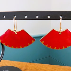 Laurel Burch MITRA Large Fan Shaped Dangles - Warm Red with Orange Triangles on the Bottom Edge - Aztec Style