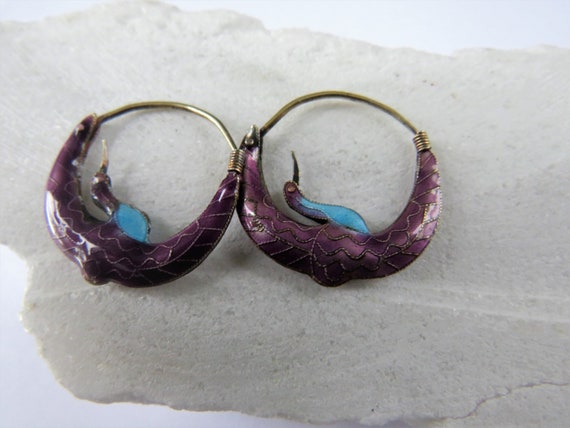 Cloisonne Arched Crane Hoop Earrings - Early Laur… - image 2