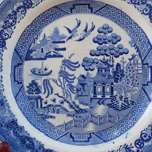 ANTIQUE Blue Willow 10' Dinner Semi China Plate - Crown with Flower Back Stamp