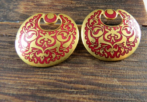 Gold Tone Red Cloisonne Stud Earrings - MMA 1987 … - image 1