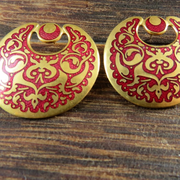 Gold Tone Red Cloisonne Stud Earrings - MMA 1987 Hallmark - Gold Vermeil