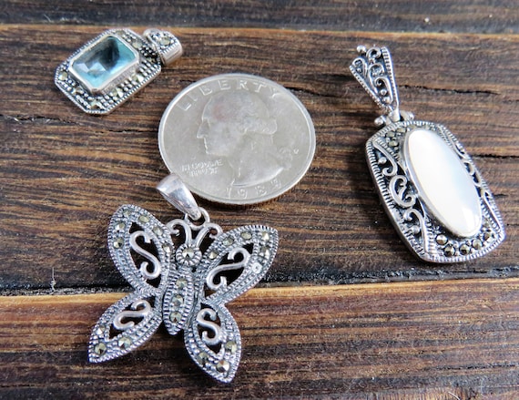 Sterling Marcasite Mother of Pearl oval pendant I… - image 10