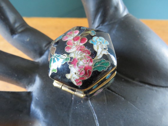 Vintage Tiny Cloisonne Pill Box: Floral Brass Hin… - image 2