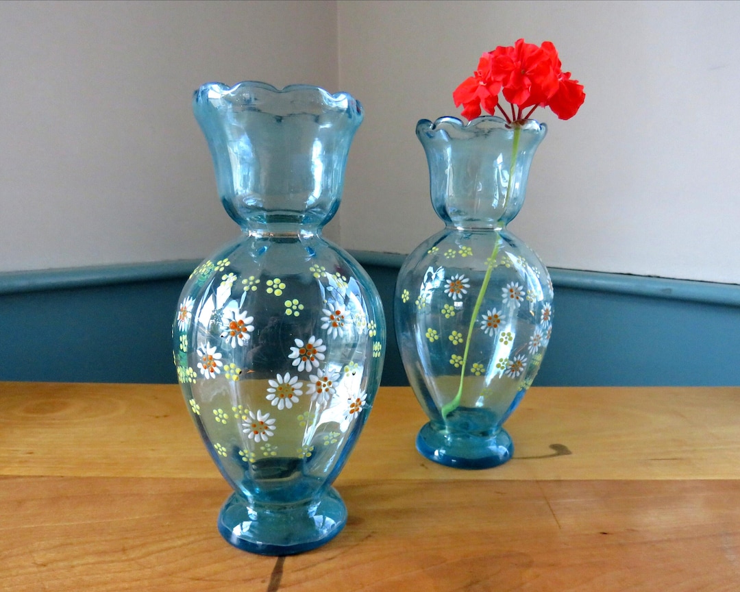 Victorian Blue Blown Glass Vases: Hand-painted Floral Set - Etsy