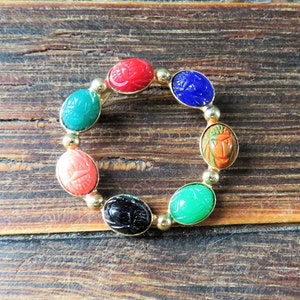 Scarab Glass Gold Tone Brooch - Vintage Egyptian Revival