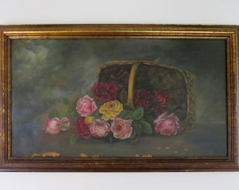 ANTIQUE Oil Painting of Basket of Roses Artist Signed, in style of de Longpre, cracking of paint and paint loss