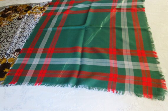 Rayon Fringed Scarf, Green Red White Plaid, Circa… - image 5