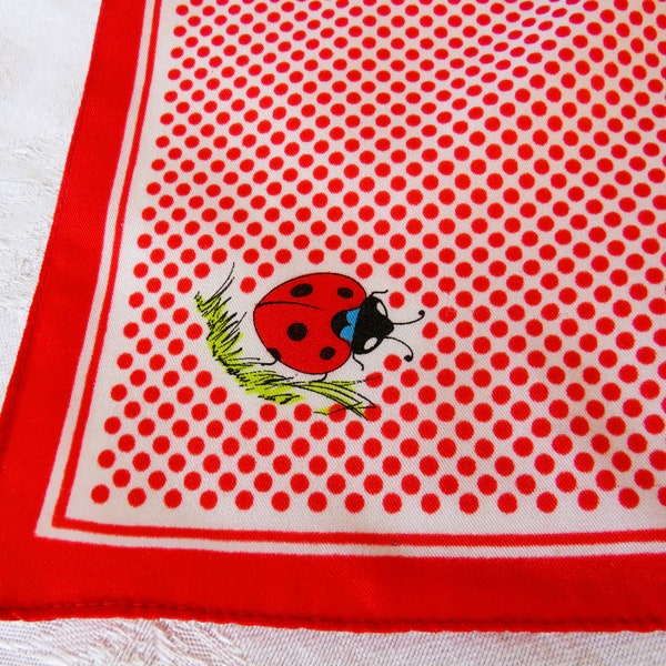 Red White LADYBUG Synthetic Twill  19" Square Mid Century Scarf, circa 1960s