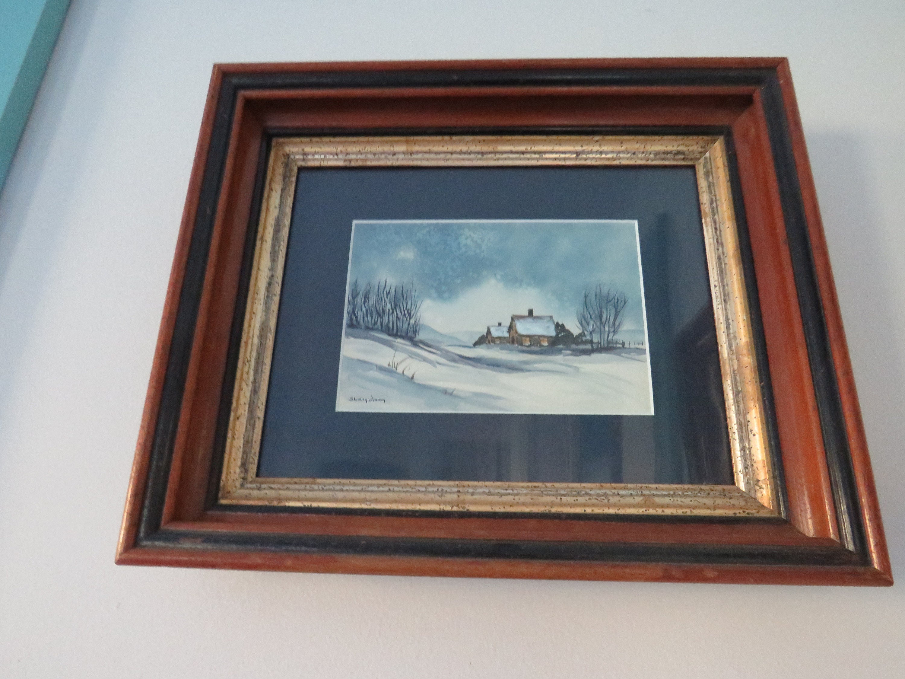 ペア、雪景色オリジナル水彩画、額入りゴアッシュ絵画、20 世紀