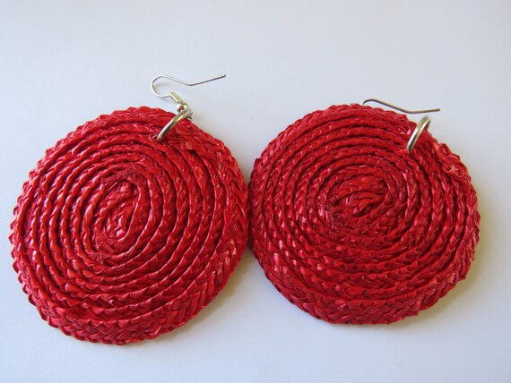 Large Hot Pink Straw Silver Tone Earrings - Summe… - image 10