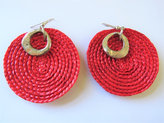 Large Hot Pink Straw Silver Tone Earrings - Summe… - image 2