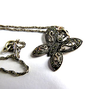 Sterling Marcasite butterfly pendant art deco style silver 925 necklace - sparkly butterfly necklace squiggles
