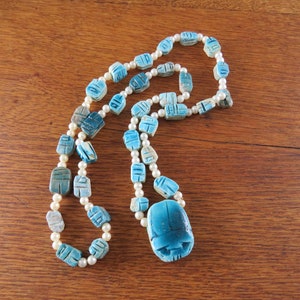 Egyptian Carved Scarab Bead Necklace - Turquoise Chunky Beads