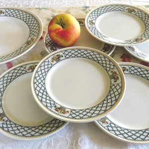 Puede incluir: Un juego de seis platos de cerámica blanca con un borde decorativo de celosía verde y beige. Cada plato presenta un pequeño diseño floral y está dispuesto alrededor de una manzana roja y amarilla.