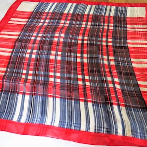 ERRE SILK Large Red White and Blue plaid scarf hand rolled hem made in 1973 excellent condition