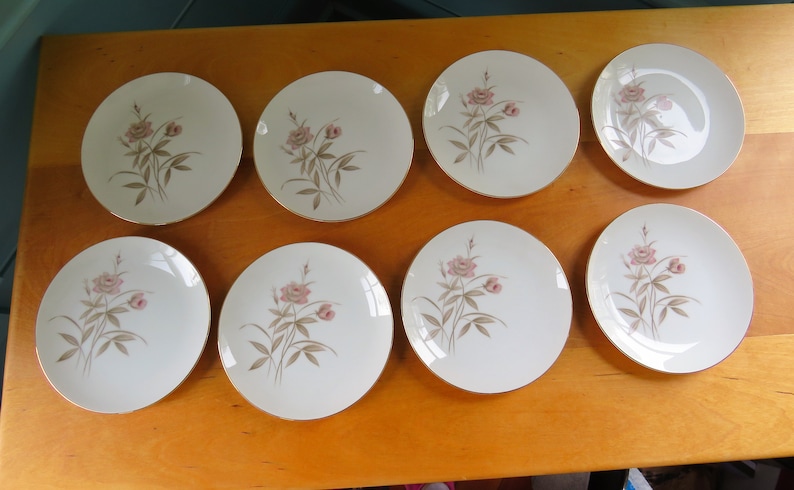 2 to 8 long stemmed pink rose with soft brown-gray leaves and stems Fine China -Royal Sovereign Blush Rose bread plates