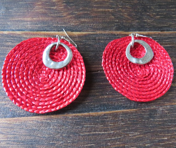 Large Hot Pink Straw Silver Tone Earrings - Summe… - image 4