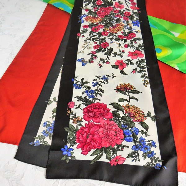 Preppy Style Floral Oblong Twill Scarf, Polyester(?), Black edges, Colorful Flowers, Butterflies, Purples, Pinks